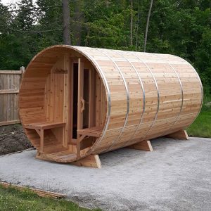 Barrel Sauna 7'x8' with Change room & Porch - Knotty Cedar