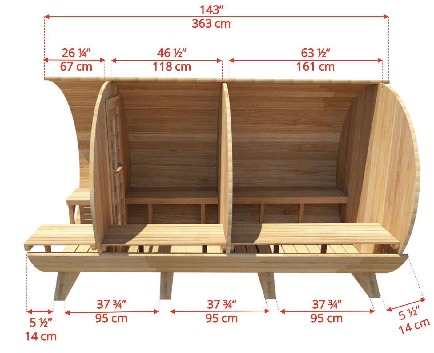 Barrel Sauna 7'x6' with Change room & Porch - Knotty Cedar - Image 2